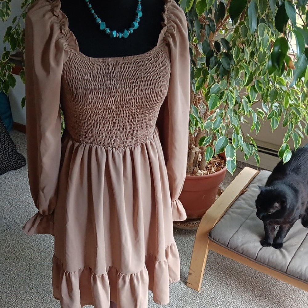 Elegant Tan Smocked Dress